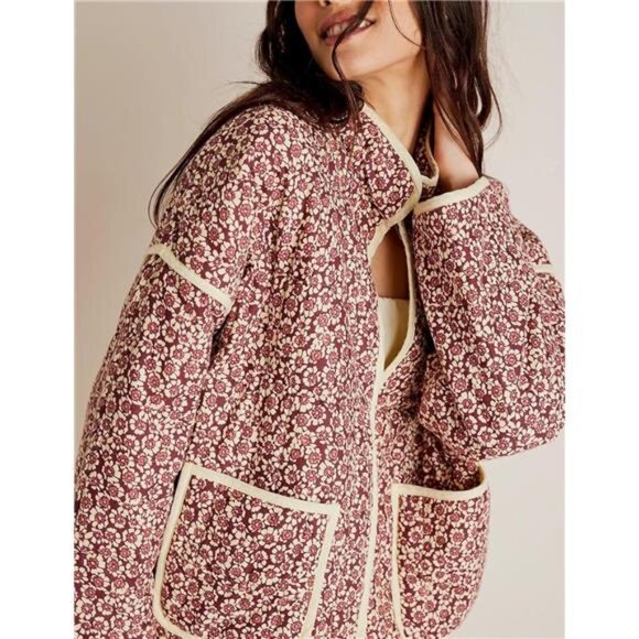 Women’s Retro Floral Quilted Cropped Puffer Jacket Stand Collar Vintage Coat - Picture 2 of 6